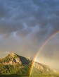 A vibrant rainbow passing in front of a lush green Colorado Mountain.